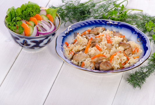 Pilau rice with meat and vegetables