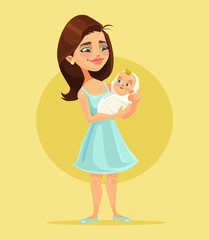 Mother character holds little child on hands. Vector flat cartoon illustration
