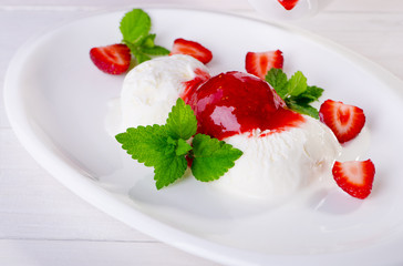 Ice cream with strawberries and mint, summer dessert