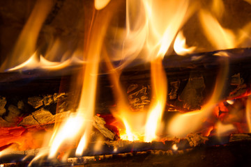 Burning firewood in the fireplace close up