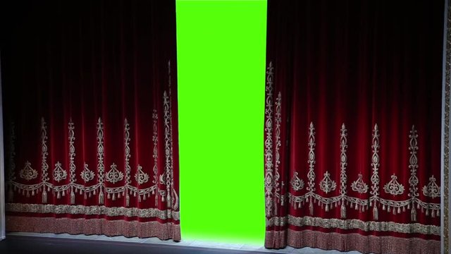 Red curtain in a theater opens, green chromakey
