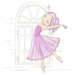 Beautiful ballerina in classical tutu on a white background. Graceful little White Swan. She is dancing in light, beautiful pink dress. Hand drawn illustration.