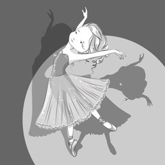 Retro illustration of beautiful ballerina. Black and white. She is dancing in light, beautiful  dress and she's legs in ballet slippers.  Hand drawn illustration. © Svetlana Ivanova