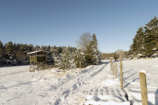 Ett jakttorn p&aring; ett sn&ouml;igt f&auml;lt