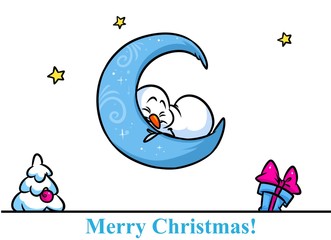 Christmas snowman character sleeping moon cartoon illustration isolated image