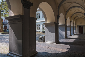 Arcade in a historic building in Koblenz, Germany.