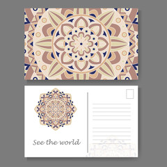 Postcard design with vintage decorative element. Template for greering card. Mandala vector illustration
