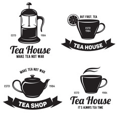 Tea related labels and quotes set.Design elements for tea shops and brew bars. Vector vintage illustration.