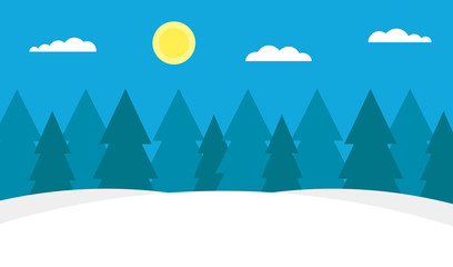 Winter background. Blue skies, Les and drifts. Clear frosty weather. Modern flat design. Vector illustration.