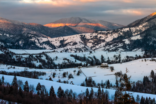 sunrise in winter carpathians