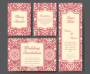 Set of wedding invitations. Wedding cards template with individual concept. Design for invitation, thank you card, save the date card.