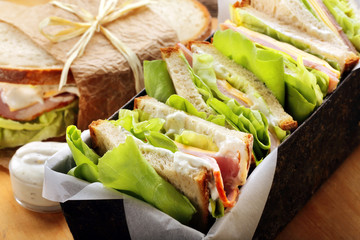 Fresh sandwich with ham cheese and lettuce in bakery mold