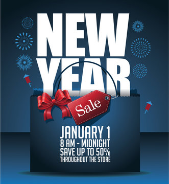 New Year sale marketing background template with shopping bag and copy space. EPS 10 vector.