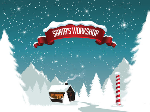 hristmas Santa's workshop at the scenic north pole. EPS 10 vector.
