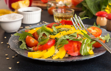 Salad of fresh ripe homegrown vegetables. Ingredients for prepar