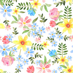 Floral seamless pattern with hand drawn flowers in watercolor on