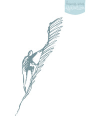 Man climbing mountain peak vector sketch