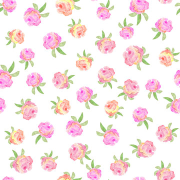 Floral seamless pattern with hand drawn red roses in watercolor 