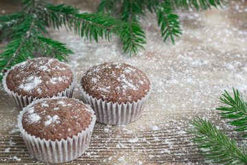 Three Christmas cakes on winter snowbound wooden background, fir