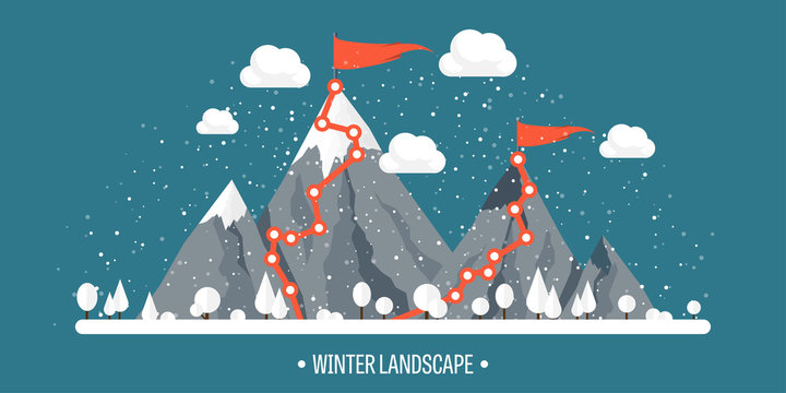 Mountains in Winter, Peak with Snow. Nature Landscape. Christmas Travel. Hiking and Camping. Wild life. Achievement, Exploring, Discovery. Flat Style.