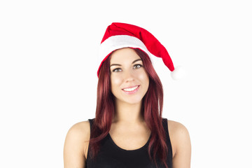 Portrait of woman in santa hat on white background. Smiling happy christmas woman