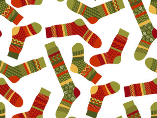 Christmas striped socks in patchwork style. Xmas seemless vector