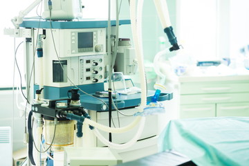 Anesthesia machine in hospital operating room. Surgical equipment at medical clinic. Operating room before surgery.