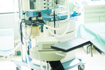 Anesthesia machine in hospital operating room. Surgical equipment at medical clinic. Operating room...