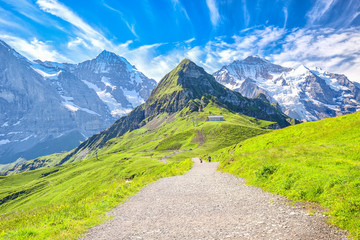 Eiger, Mönch and Jungfrau peaks from Männlichen in Swiss Alps