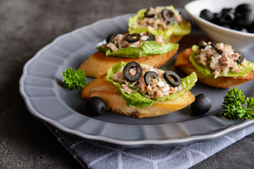Baguette slices with tuna meat, onion, olives, egg and lettuce