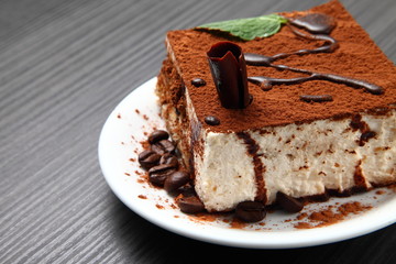 tiramisu dessert on a porcelain plate/ tiramisu dessert on a porcelain plate