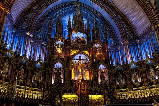 Spectacularly illuminated altar in enormous basilica