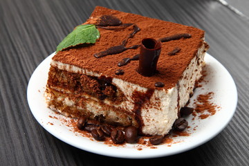 tiramisu dessert on a porcelain plate/ tiramisu dessert on a porcelain plate