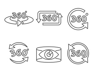 360 degrees icons set. Multimedia 360 preview, linear symbols collection