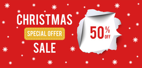 Christmas Sale banner on red background with 50 percent discount.