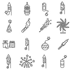 Fireworks icons set. Festive firecrackers and fireworks, thin line design. Exploding decorative lights of various forms, linear symbols collection. isolated vector illustration.