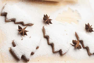 christmas gingerbread cookies baking process , dough and rolling pin,shallow depth of field.