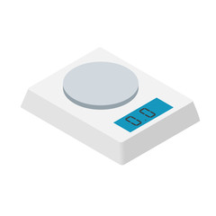 Kitchen scales isometric design. Electronic scales for products 3d object. Weighing device, isolated vector illustration