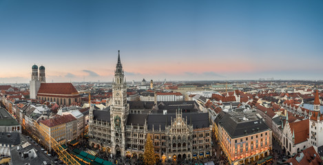Fototapeta na wymiar Aerial view of the Christmas market on the Mary's square (Marienplatz) in front of the new town hall (Rathaus), Munich, Germany