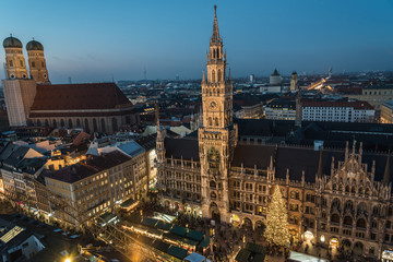Aerial view of the Christmas market on the Mary's square (Marienplatz) in front of the new town hall (Rathaus), Munich, Germany