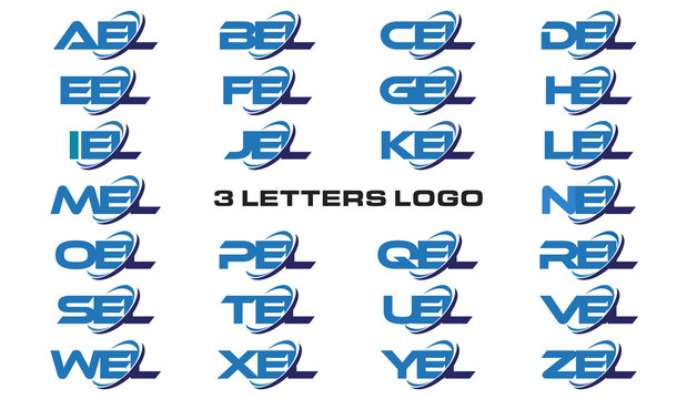 3 letters modern generic swoosh logo AEL, BEL, CEL, DEL, EEL, FEL, GEL, HEL, IEL, JEL, KEL, LEL, MEL, NEL, OEL, PEL, QEL, REL, SEL,TEL, UEL, VEL, WEL, XEL, YEL, ZEL