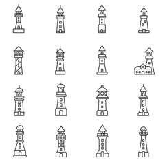 Fototapeta na wymiar Lighthouses icons set. Sea lighthouse, thin line design. The navigation beacon for sea transport, linear symbols collection. Towers, isolated vector illustration.