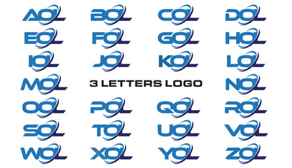 3 letters modern generic swoosh logo AOL, BOL, COL, DOL, EOL, FOL, GOL, HOL, IOL, JOL, KOL, LOL, MOL, NOL, OOL, POL, QOL, ROL, SOL,TOL, UOL, VOL, WOL, XOL, YOL, ZOL