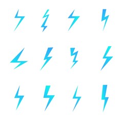Set of blue lightnings isolated over white background. Cartoon and flat style design elements. Vector illustration