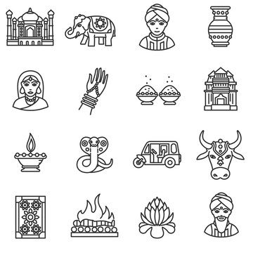 India icons set. Indian attractions, thin line design. Tourism in India, isolated vector illustration. Traditional symbols.