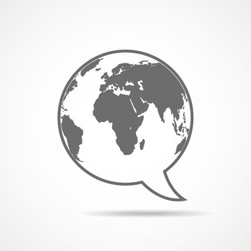 Speech bubble with Earth map inside. Vector illustration.