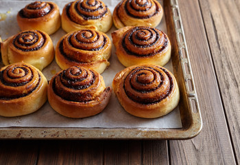 Freshly baked cinnamon rolls buns with cocoa and spices on a metal a baking sheet. Christmas pastries. Close-up. Top view.