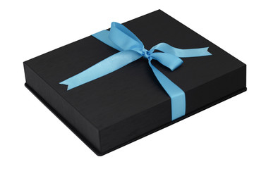 Black leather surface gift box with blue ribbons on white background
