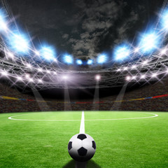 Fototapeta na wymiar Soccer field with green grass and lights