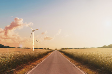 empty road,  landscape -  sunset sky and wind turbines